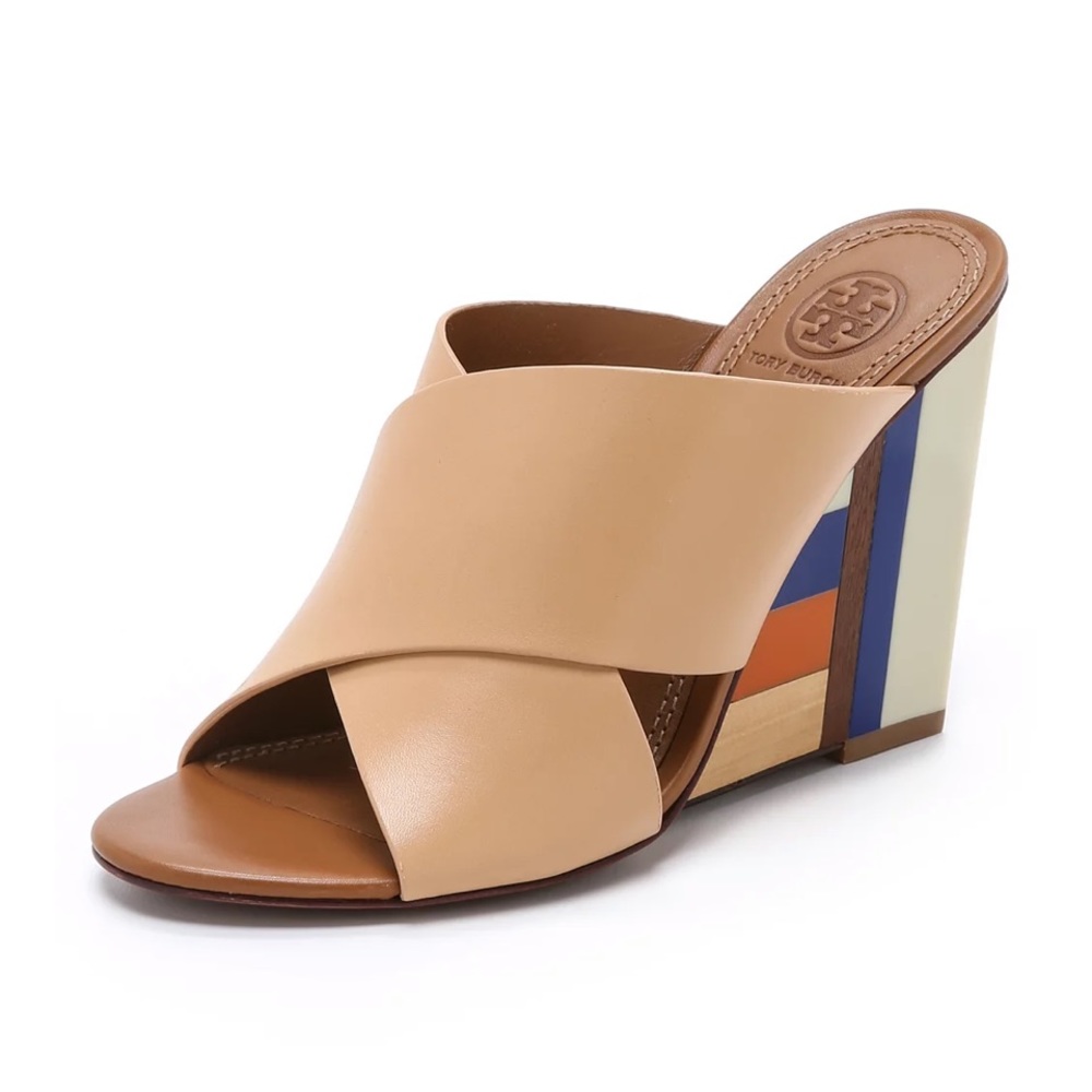 Tory Burch Beige Leather Colorblock Wedge Slide
